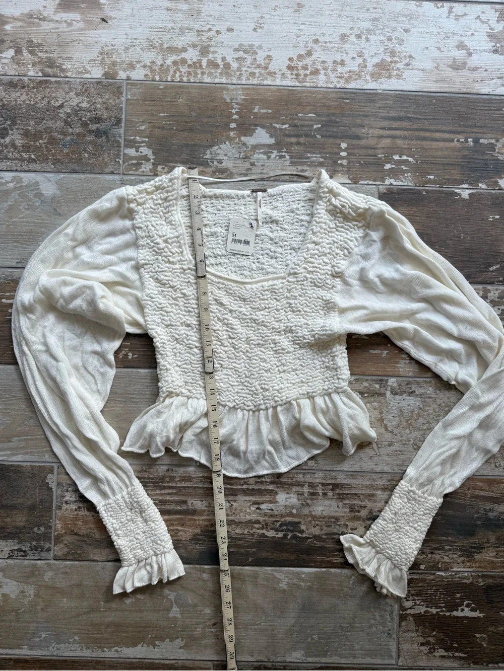 NWT Free People Cream Smocked Ruffle Long-Sleeve Top